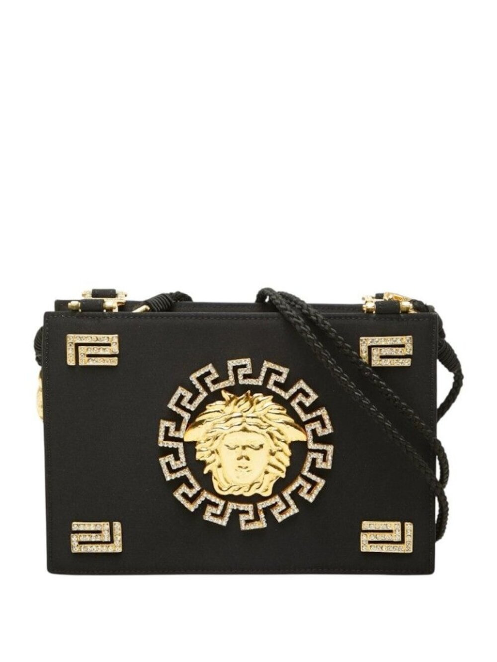 Versace Medusa Crossbody Shoulder Bag Gold Black Satin Rhinestone